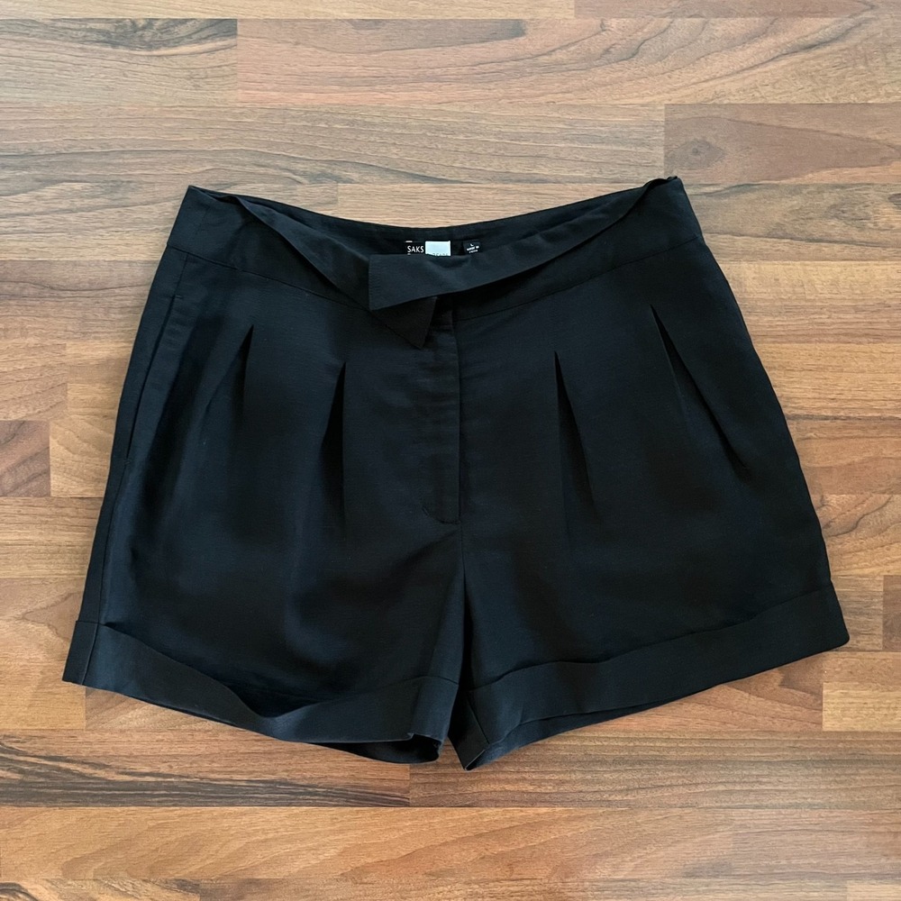 SAKS FIFTH AVENUE Threads Black Linen Blend Lined Shorts Womens L Cuffed Pleats